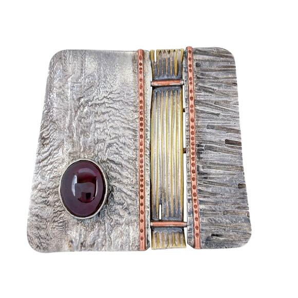 Artisan Sterling Silver 925 Mid Century Modern Mixed Metal Garnet Pin Brooch - Picture 3 of 6
